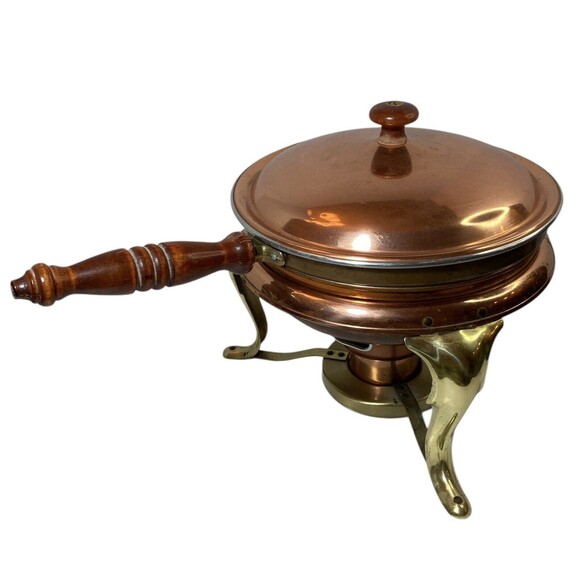 Rare ELECTRIC Copper Brass Chafing Dish 6 Pc Sterno Stand, Cord, 12”x12” VTG 50s - Picture 2 of 10